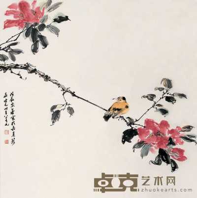 晏济元 戊辰(1988年)作 茶花小鸟 立轴 68×68cm